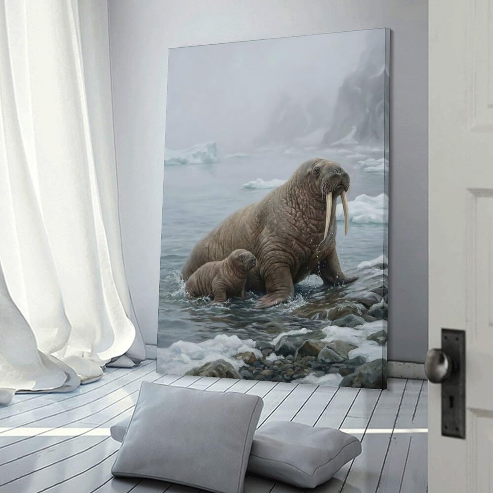 Junmoney Wall Decor Canvas Print Walrus Mother And Pup on Shore, 08x12inch(20x30cm), for Home Lounge, Bedroom Or Reading Nook, Canvas Styling for A Polished Room Look