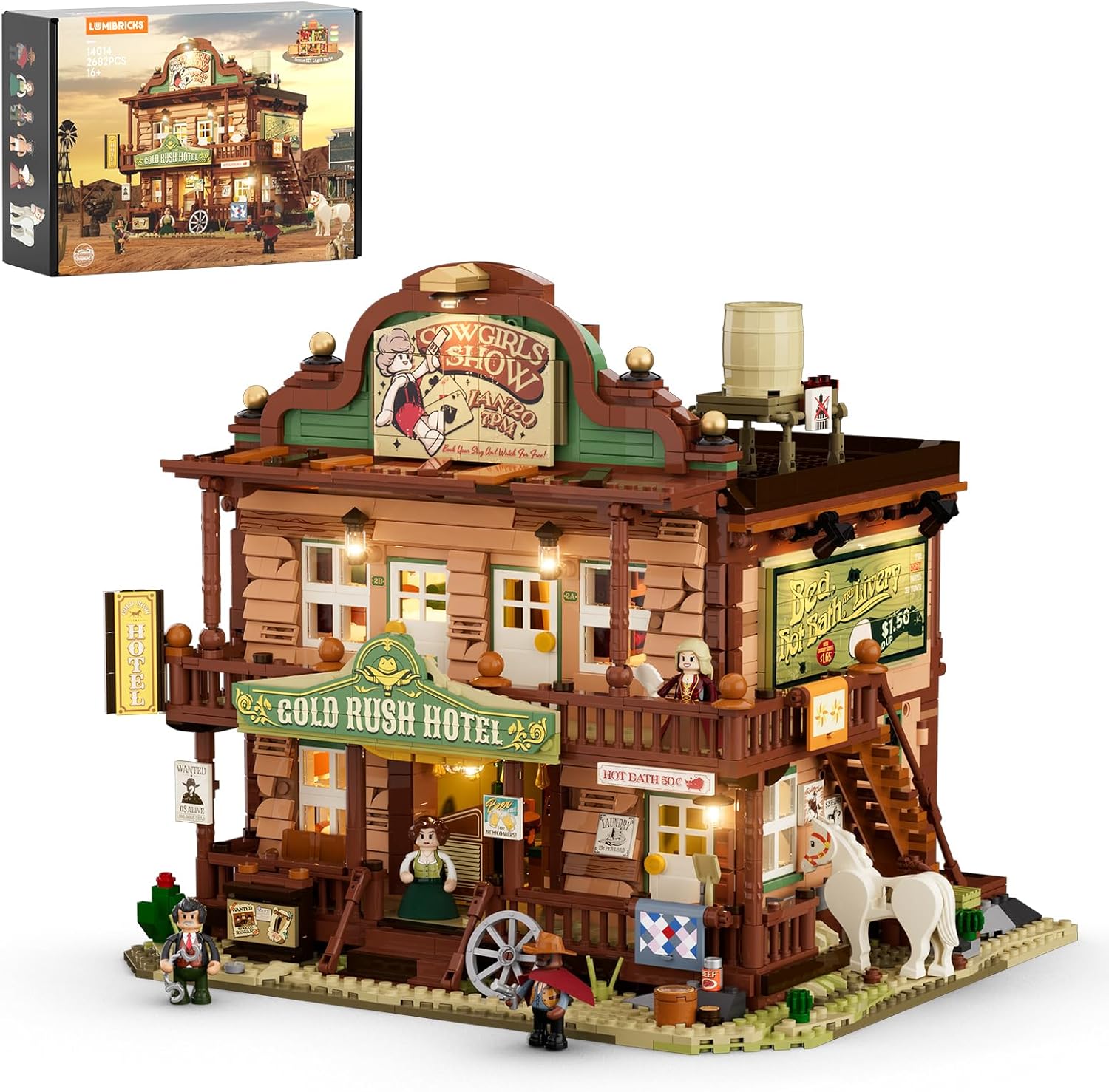 Western-Inn Lighting-Building-Bricks Set - 2682 Pcs The Old West Inn Light Construction Hotel Building Model Set for Adults and West Lovers