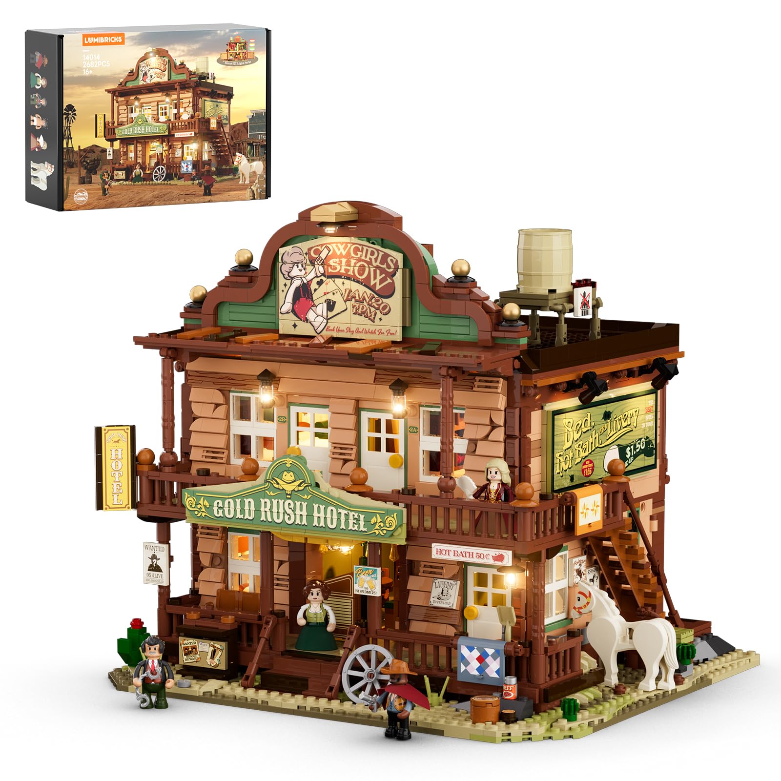 Lumibricks Old West Inn Building Blocks Set, 2682 Pieces Western Town Hotel with LED Lights, Fully Openable Back Design, Modular Rooms & Story Figures, Adult Collectible Display & Gift
