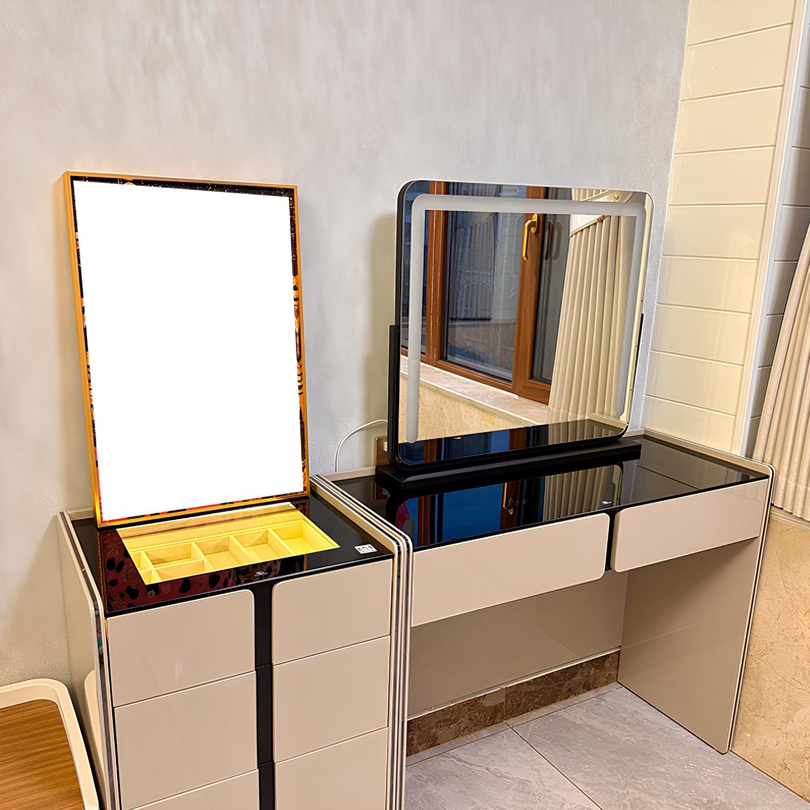Lusterko do makijażu LED ze światłami, duże, ściemniane, obracane o 360°, prostokątne, do domu i na prezent, 62 x 70 cm