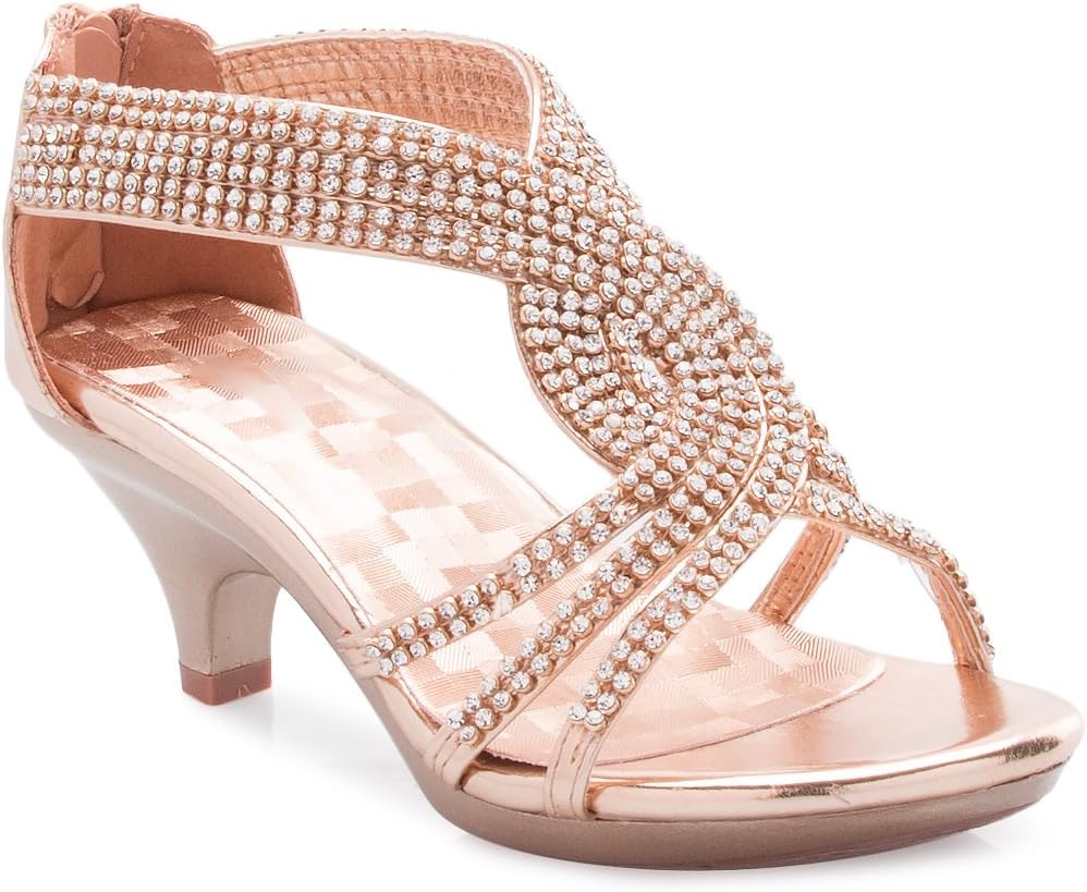 Olivia K Girls' Kids Open Toe Strappy Rhinestone Dress Sandal Low Heel Shoes - Wedding, Dress, Dance, Flower Girl