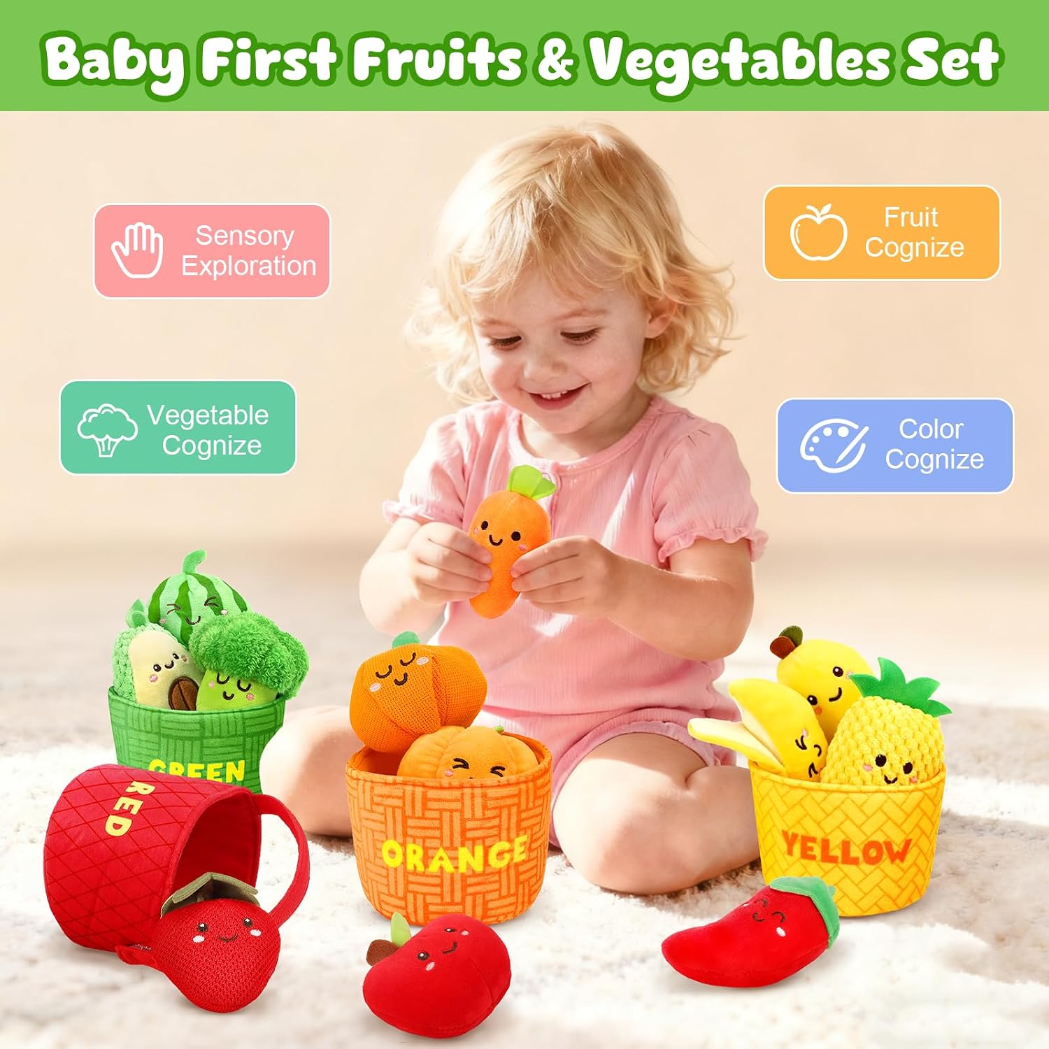 Baby Sensory Toys 6-12 Months, 16PCS My First Fruit Vegetable Color Sorting Play Food with Rattle Squeaker Crinkle, Montessori Toys for Toddler 1-3 Year Old Boys Girls Gifts