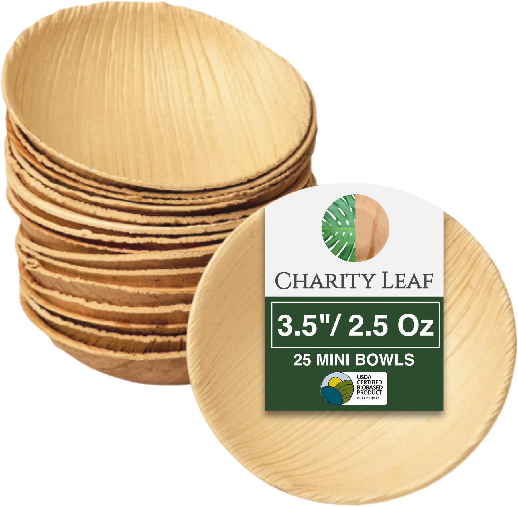 Charity Leaf Disposable Palm Leaf 3.5" Round Mini Bowl (25 pcs) Dipping Bowls | Bamboo Like| All Natural and Biodegradable | Charcuterie Boards, BBQs, and Parties