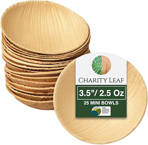 Charity Leaf Mini tazón redondo de hoja de palma desechable de 3.5 pulgadas (25 piezas)  Como bambú  Todo natural y biodegradable  Tablas de