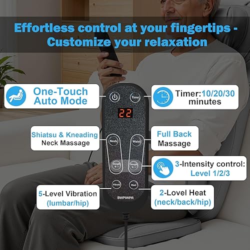 Miniatura 6 de Shiatsu Masajeador de espalda y cuello con calor, cojín de masaje de cuerpo completo 4D con vibración, diseño de doble cuello, intensidad ajustable,