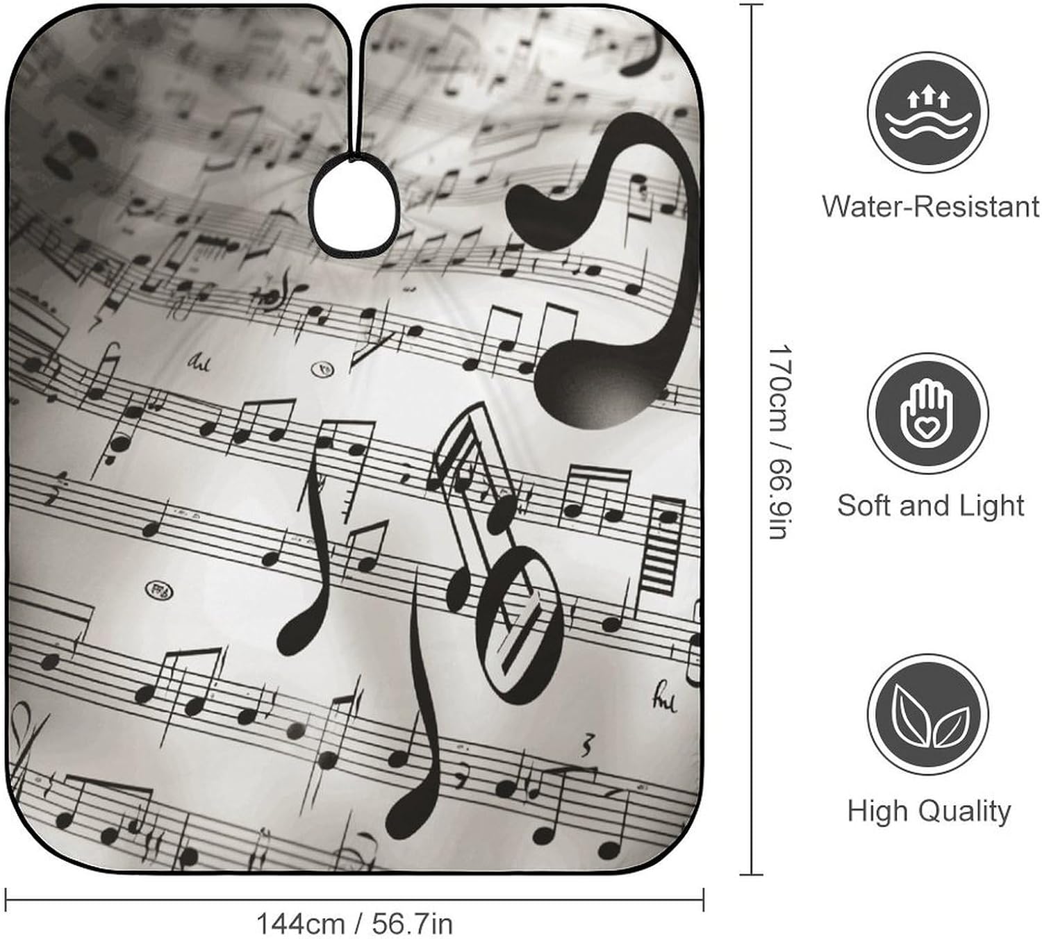 Music Notes Print Apron for Women Men,Barber Cape with Adjustable Snap Closure,Hair Cutting Cape,66.9 X 56.7 Inches for Hair Dye, Comb-out, Styling, Shampoo