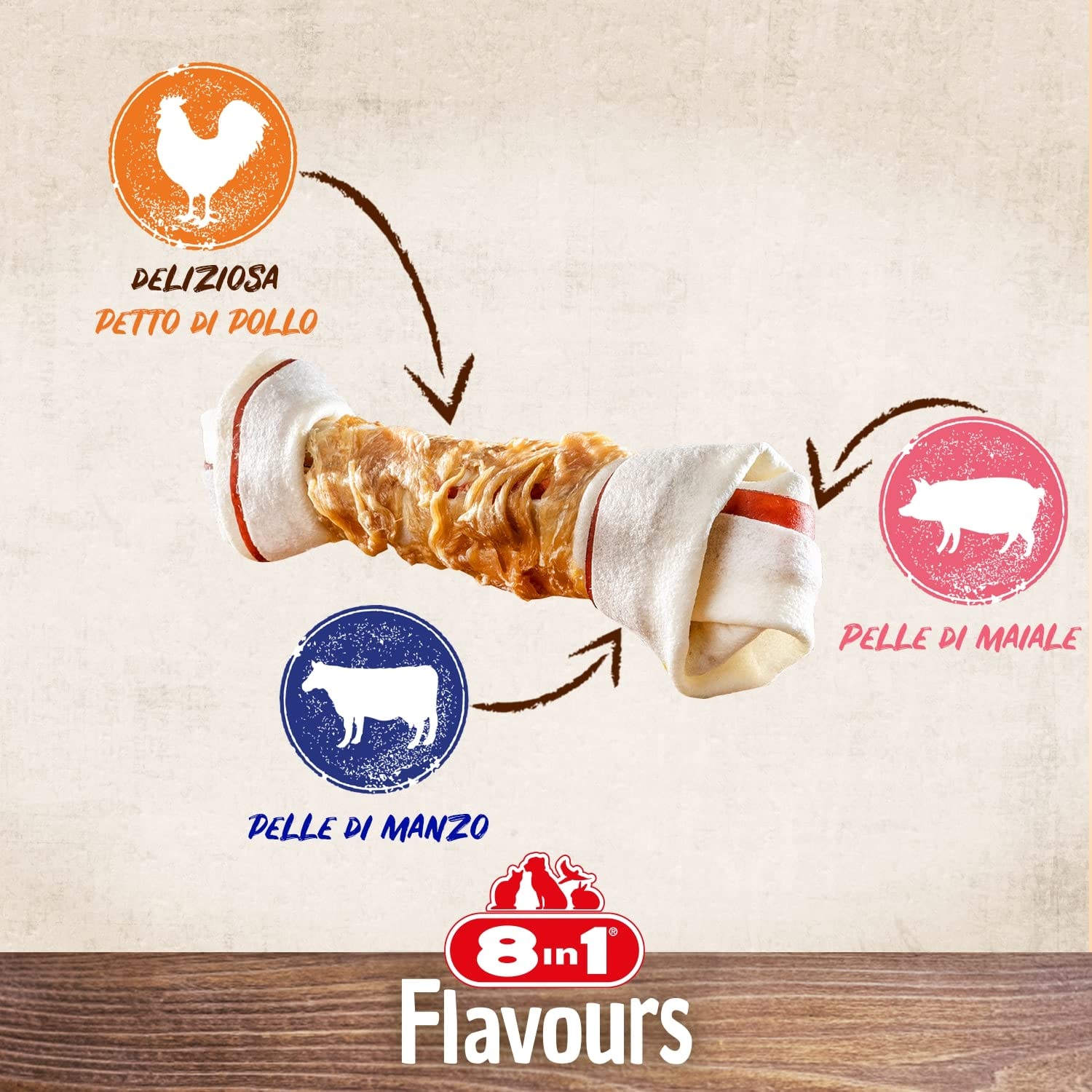 Delizioso 8in1 Triple Flavour Bone L osso per cani con filetto di pollo, maiale e pelle di manzo 1 pezzo
