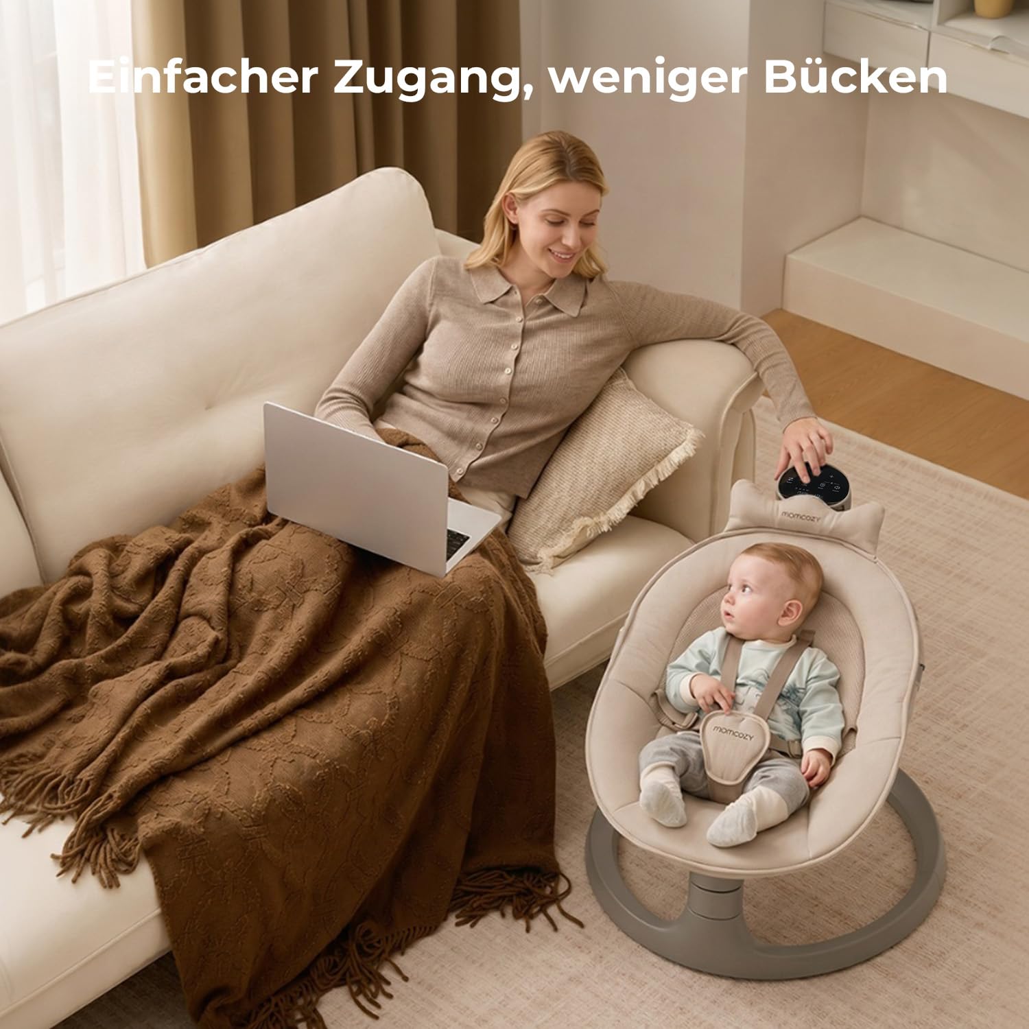 Momcozy 2-in-1 Elektrische Babywippe, 4 Bewegungen & 4 Geschwindigkeiten, Doppelarm-Struktur, 2 Liegepositionen, Wiegenlieder & Plüschspielzeug, Ab Geburt bis 30 kg, 0-6 Jahre