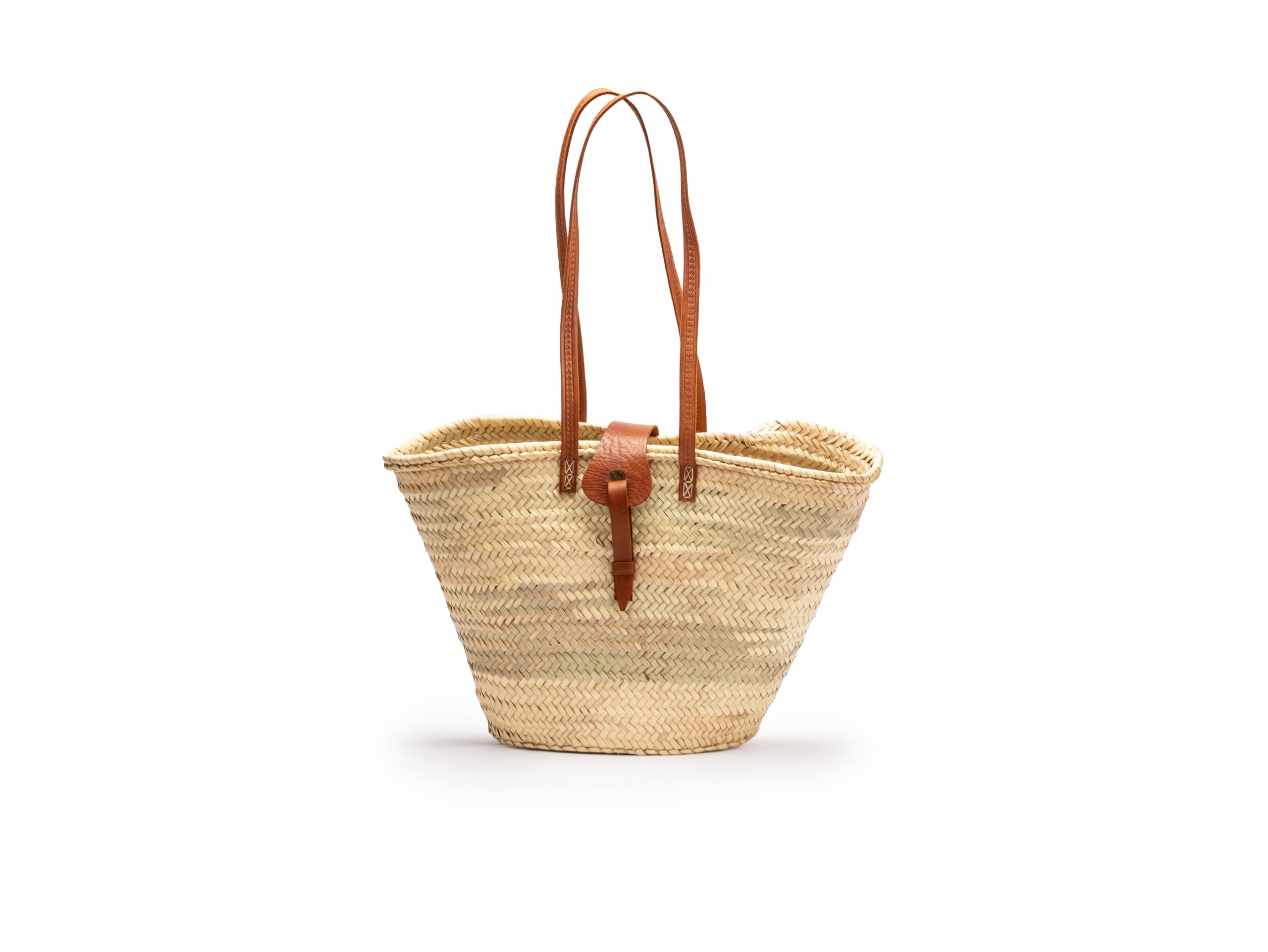 Capazo de playade paja, Bolso de playa Palma Tejida, Asas Largas y Cierre de Cuero, Aprox.: 50x30x20 cm, Natural