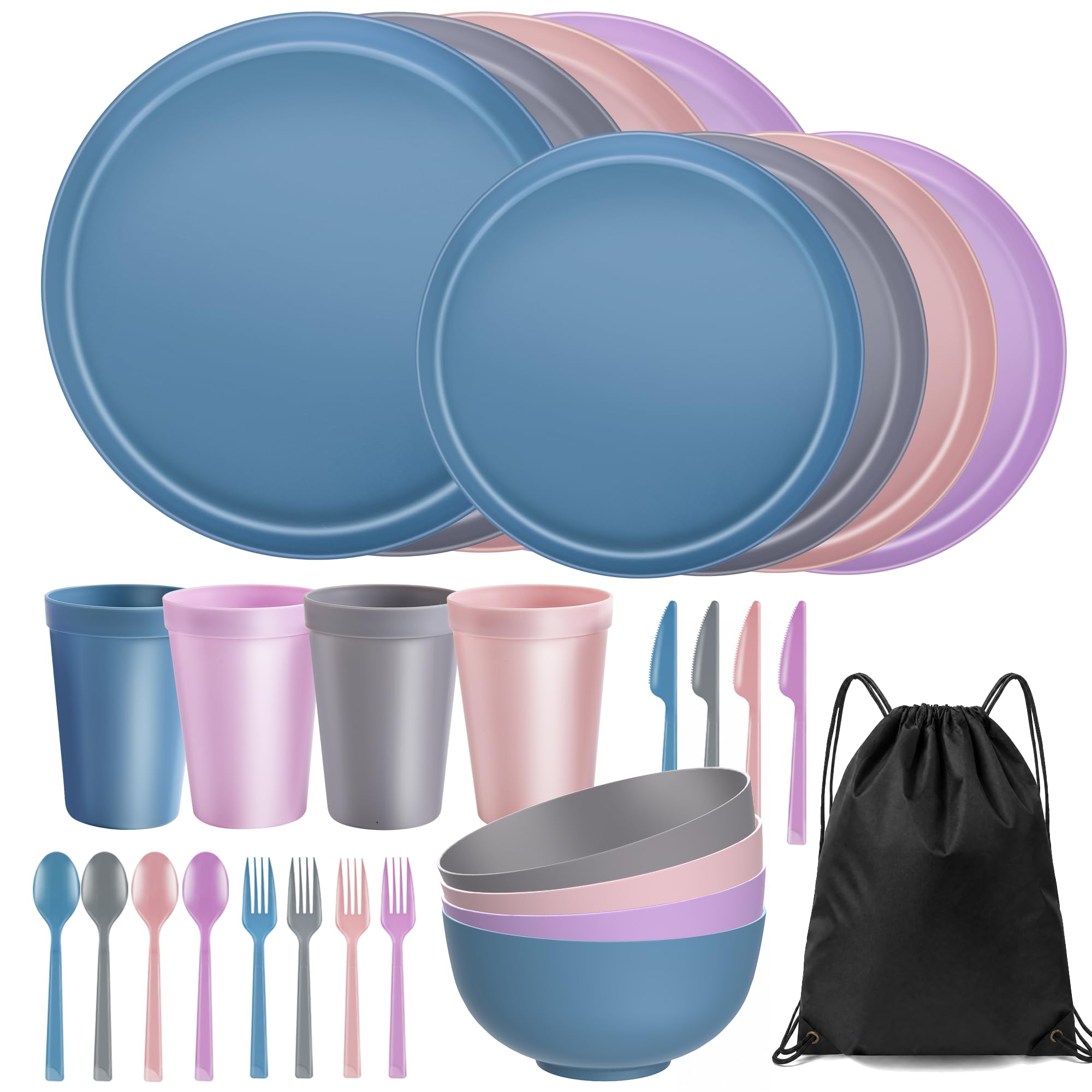 28 Piece Dinnerware Set for 4, Unbreakable Plates and Bowls Sets | Lightweight Camping Plates, Dishwasher Safe Dish Set for Apartment, Dorm, RV Essentials & Outdoor Dinning