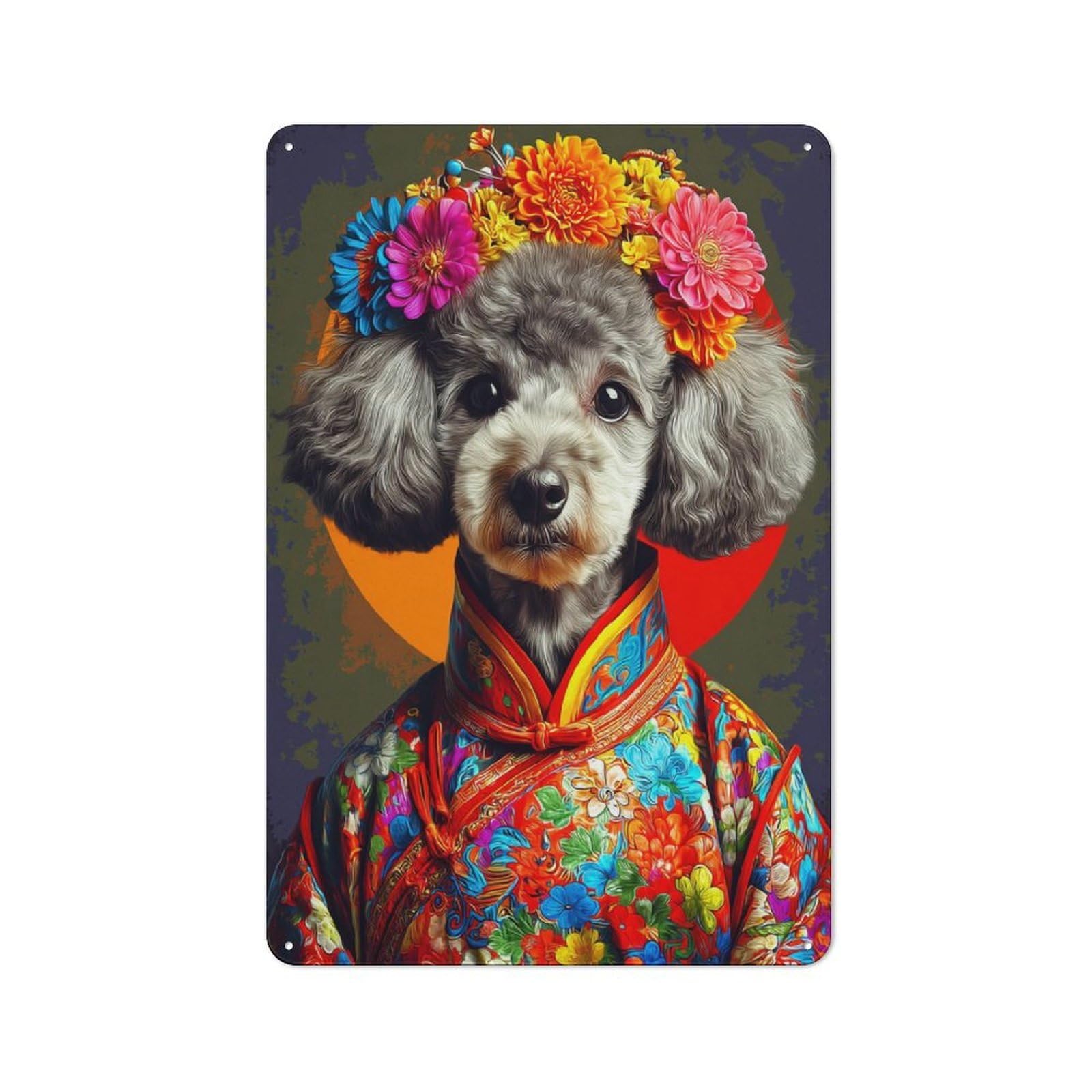 Junmoney Floral Crowned Poodle In Vibrant Robe Metal Wall Sign 30X20cm Featuring For Garage Or Workshop, For Vintage Wall Decor Fans, For Metal Sign Collectors