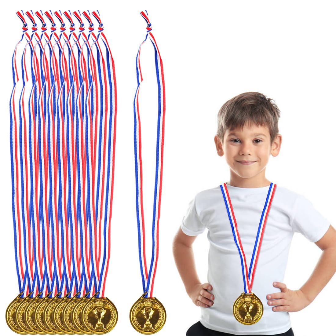 WUSJCOF 10 pezzi Medaglie vincitore in plastica, Medaglie per bambini, Medaglie personalizzate con nastri al collo, Bomboniere per bambini, Giochi per feste e giornate sportive scolastiche (Oro)