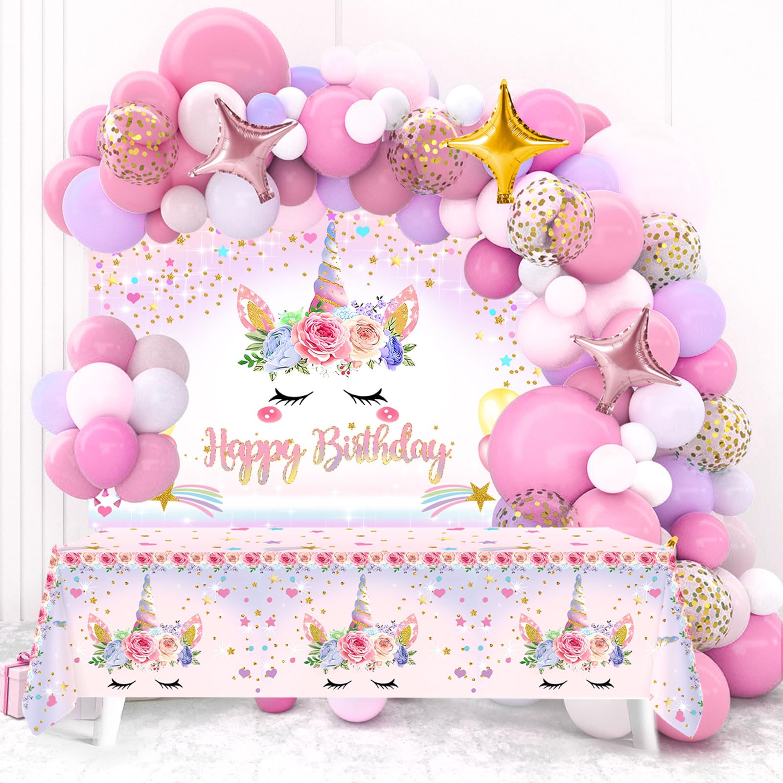 Unicorn Birthday Decorations for Girls,118pcs Unicorn Theme Party Decorations with Balloon Garland Arch Kit Backdrop and Tablecloth for Girls Women Birthday Party Supplies(Pink)