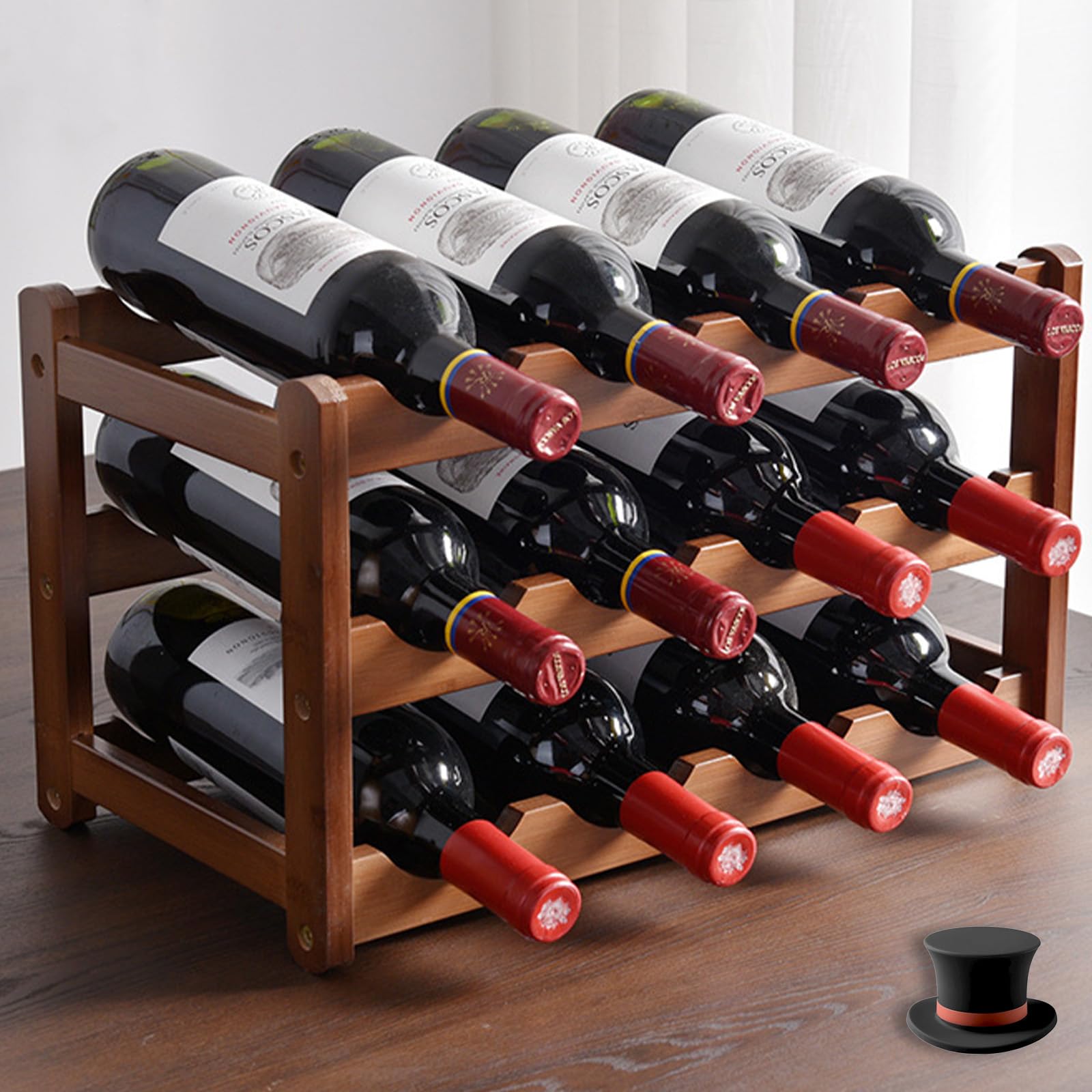 Wenbones Botellero Vino de Bambú, Soporte para Botellas para Botellas, Estantería de Vino para Cocina, Bar, Bodega, Gabinete, Despensa Capa, Despensa (Tres Niveles)