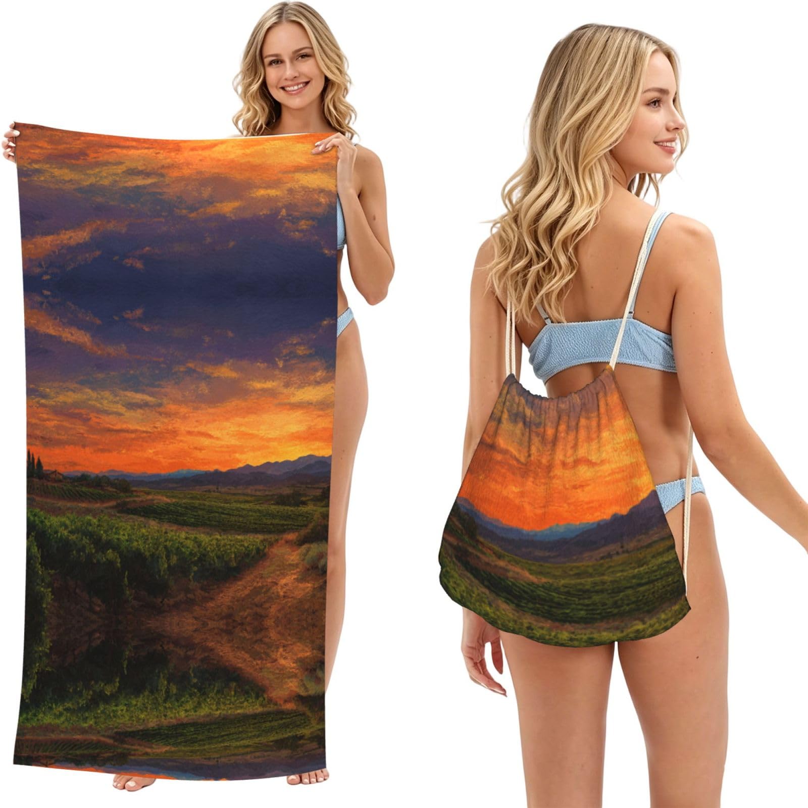 ESNAIUVCD Vineyard Sunset Print Beach Towel For Adults,Towel With Drawstring Bag, Travel Pool Swimming Sports Shower Sand Free Quick Dry Bath Towel For Pool, Beach, Yoga- 180x60cm