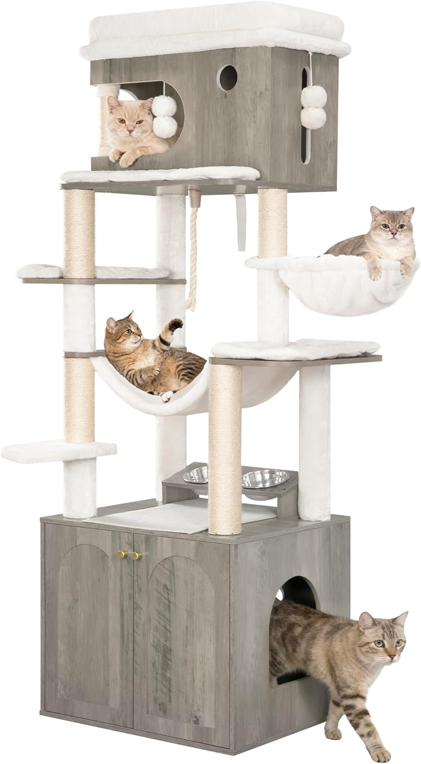 Hzuaneri Kratzbaum, Katzenbaum mit Katzenklo Schrank, Futterstation, 176 cm Hoch, mit großer Plattform, Sisalseil, Hängematte, Waschbares Kissen, Plüschbälle, Greige CB89105WT