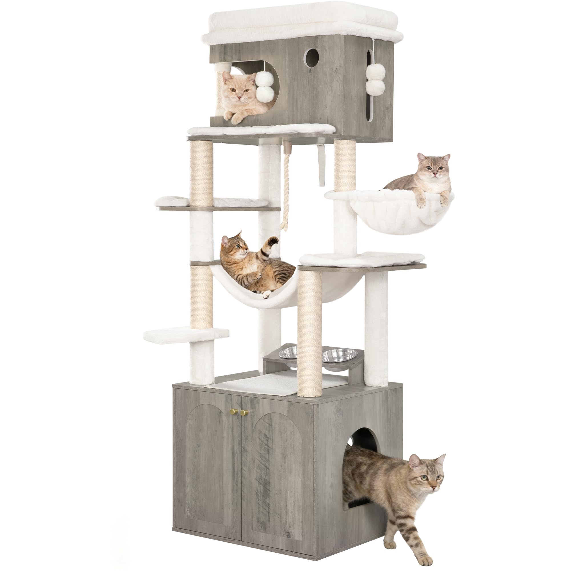Hzuaneri 176 cm Árbol para Gatos, Casa para Gatos con Mueble para Bandeja Higiénica, Soporte para Comedero Elevado, Cuerda de Sisal, Hamaca y Cojín Lavable, Marfil Claro CB89105WT