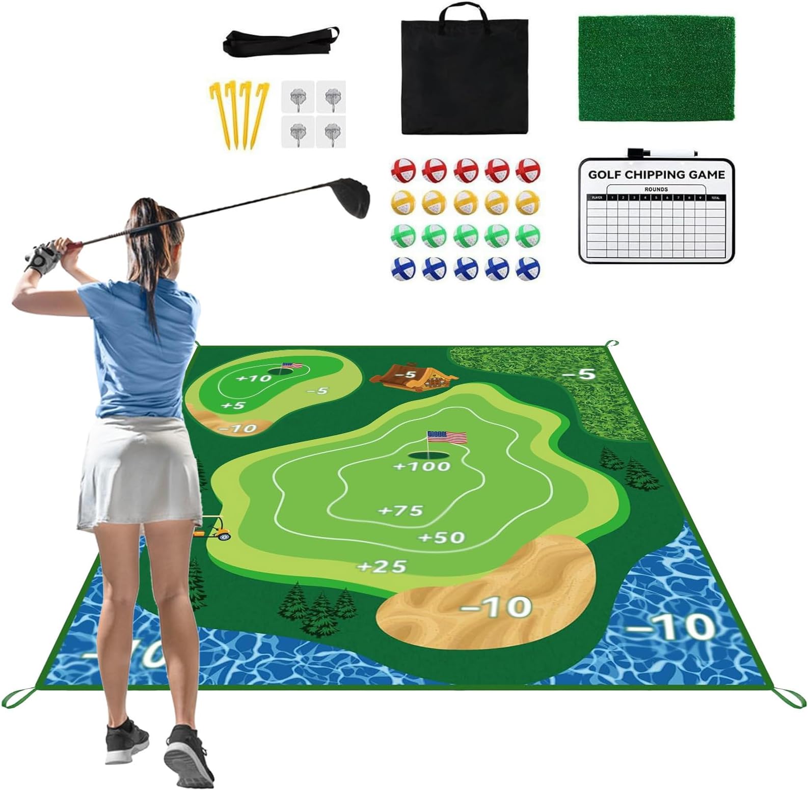 Double Sided Golf Chipping Practice Mat Adult Size Sticky Training Includes Twenty Adhesive Balls Precision Short Game Skill Builder Durable Turf Pad | Backyard Garage Outdoor Play