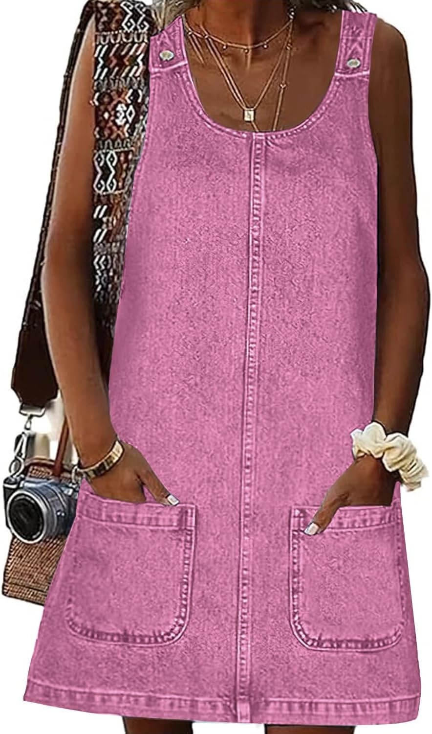 Xaspee Denim Overall Dress for Women Casual Mini Sleeveless Jean Vintage Jumper Skirt Dress with Pockets