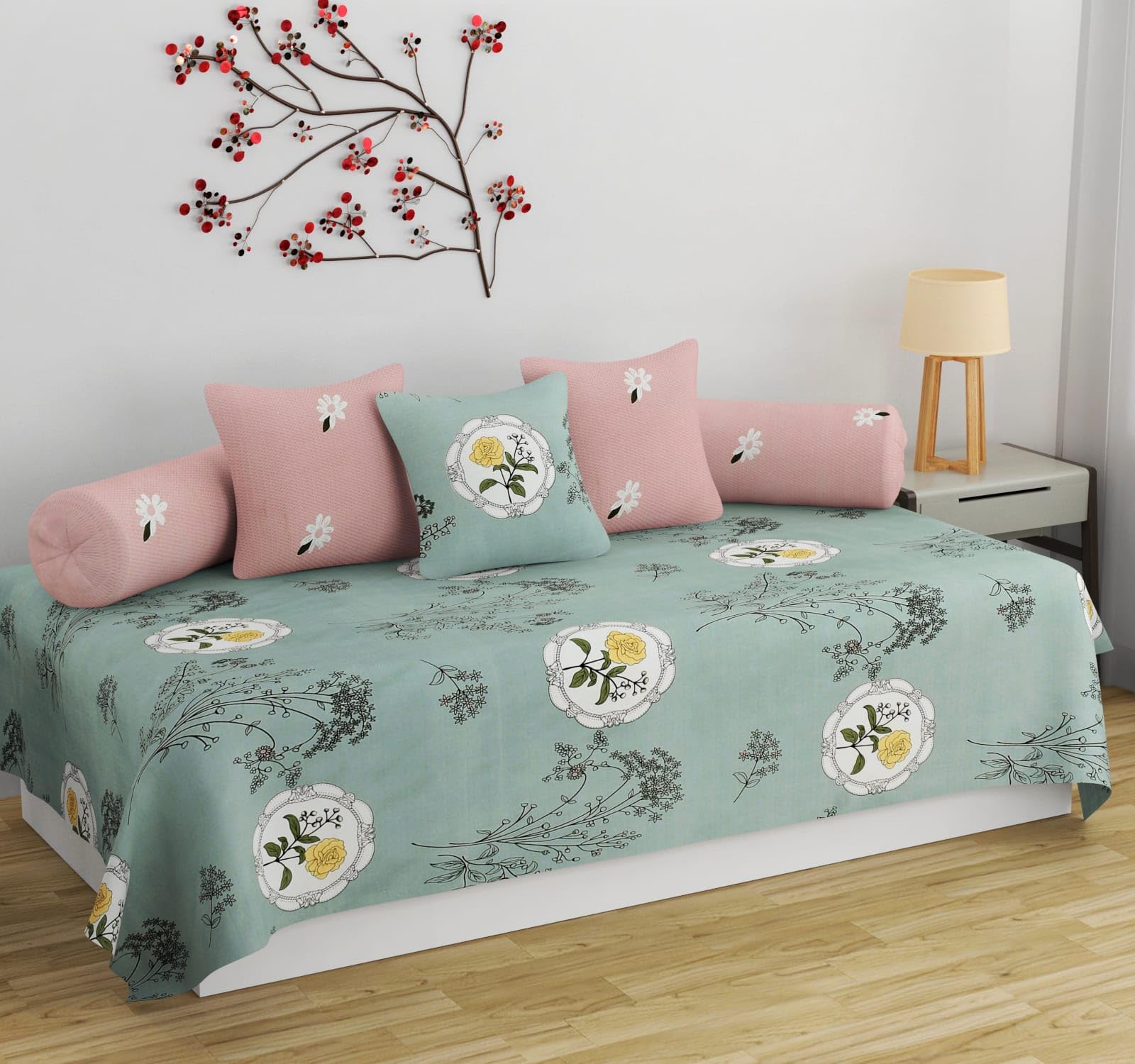diwan Set for Living Room, diwan Set Covers Glace Cotton, diwan Set 6 Pieces (1 Diwan Sheet (Bedsheet), 3 Cushion Covers, 2 Bolster Covers) (Color- Blue & White) Traditional Print-image-31