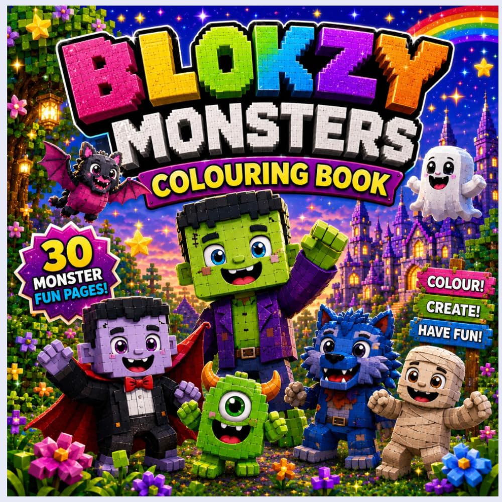 Blokzy Monsters Colouring Book: 30 Cute, Friendly Monster Adventures to Colour! Fun Vampires, Werewolves, Zombies, Ghosts, Dragons, Witches and More! (Blokzy colouring books)