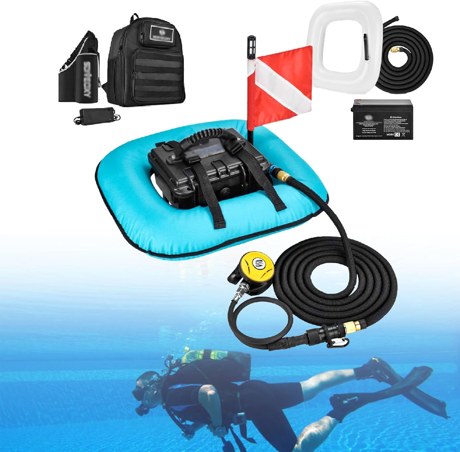 Scuba Diving Ventilator, Tankless Diving System, Air Compressor, Swimming Pool Toys Diving Toys, Battery Life 60-70min, for Recreational Diving Blue-dualbattery