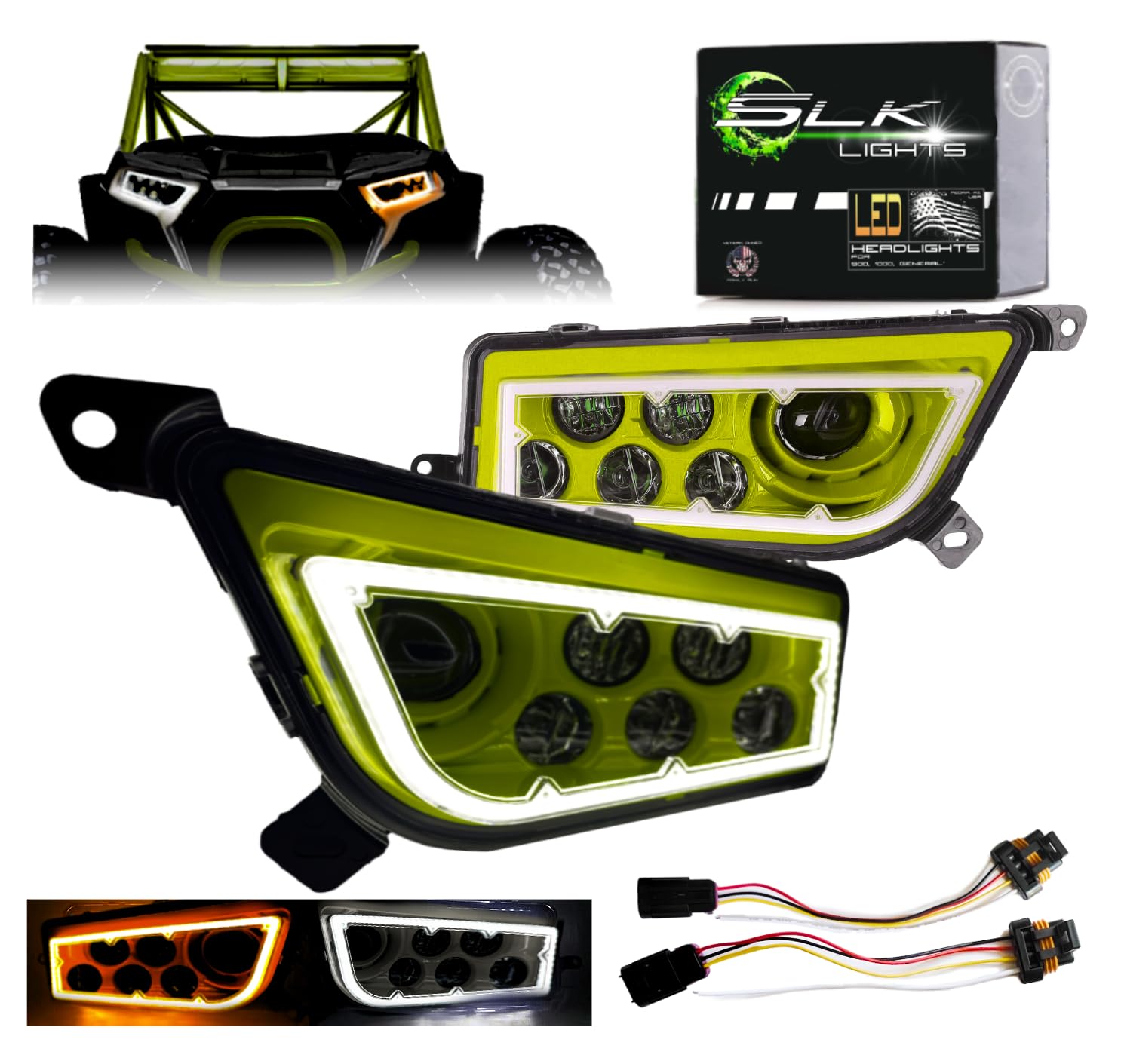 SLK-Lights PREMIUM LIME RZR LED Headlight (Fits: 2015-2021) (Dual Color SwitchBack Lime/Amber Halo)
