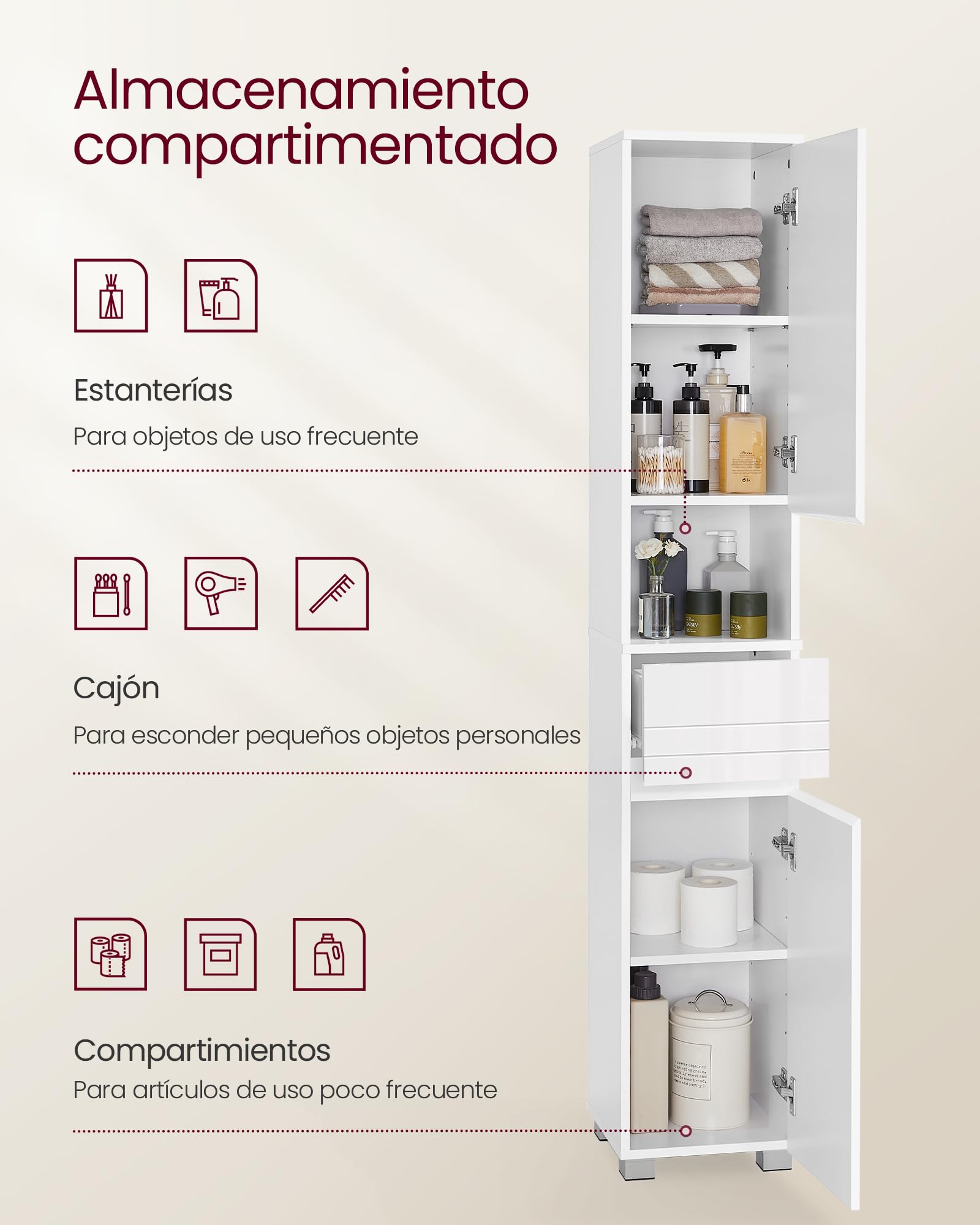 VASAGLE Armario de Baño, Mueble de Almacenamiento, con un Cajón, Compartimientos, Estantes Ajustables, 30 x 30 x 170 cm, Blanco Nube BBC560P31