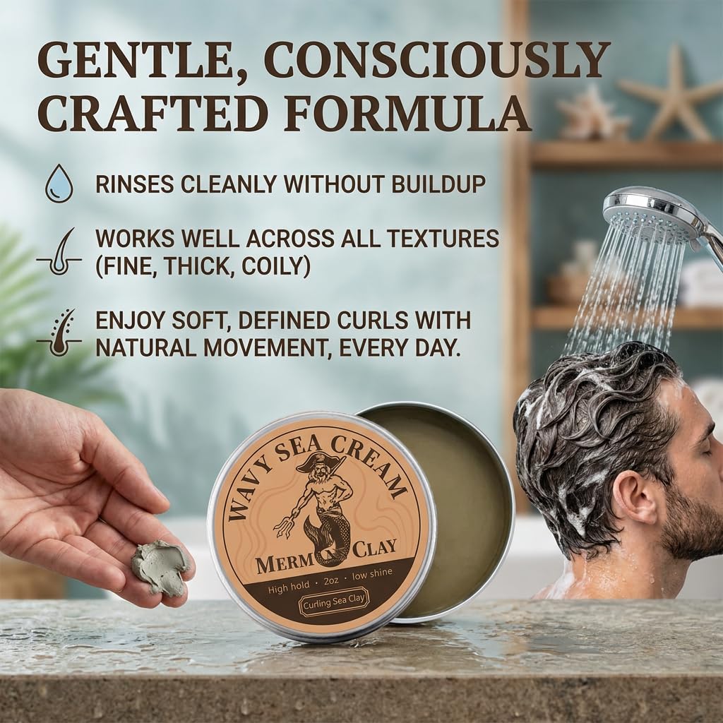 Mermans Curling Sea Clay, Curl Defining Cream, for Defined Waves & Texture, Natural Hold, Adds Volume & Shine to Curls, Adds Volume & Shine, Helps Manage Frizz, Great for Daily Styling (1 PCS, 1)