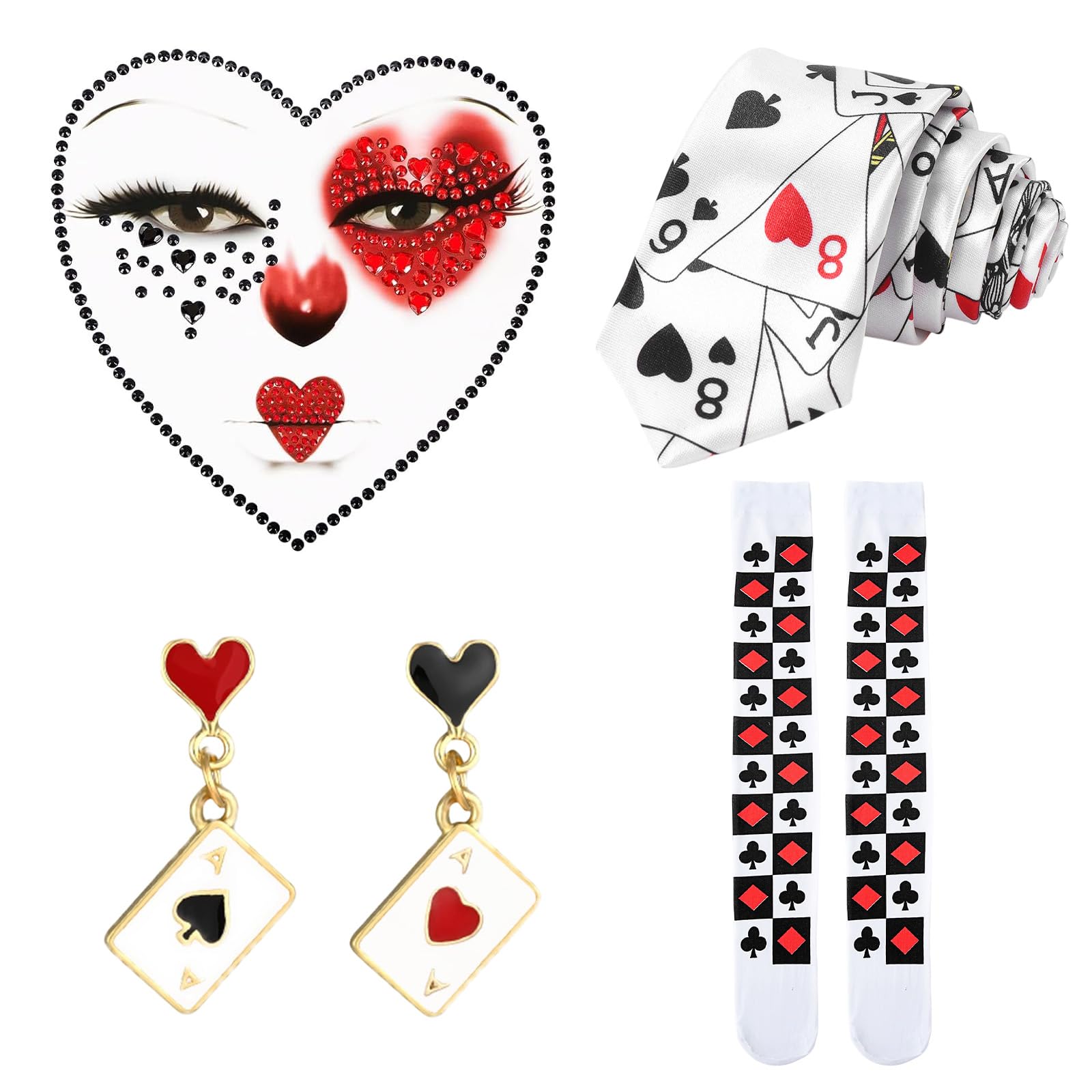 GWAWG Heart Queen Costume Women 4-Piece - Playing Cards Tie, Overknee Socks, Earrings & Face Tattoo, Casino Outfit Las Vegas Costume for Carnival, Costume Party & Ball