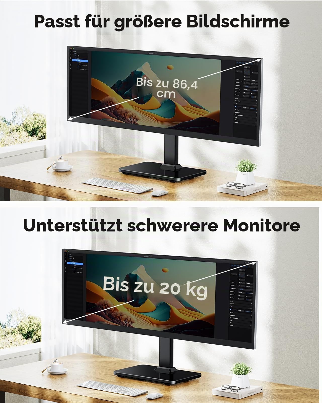 HUANUO Monitor Ständer, Freistehende Monitorständer Höhenverstellbar 13 bis 34 Zoll, bis zu 20kg Kapazität, 5 Höhenoptionen, Drehbarer Bildschirm Ständer 360° Schwenkung, VESA 75x75mm/100x100mm Gaming