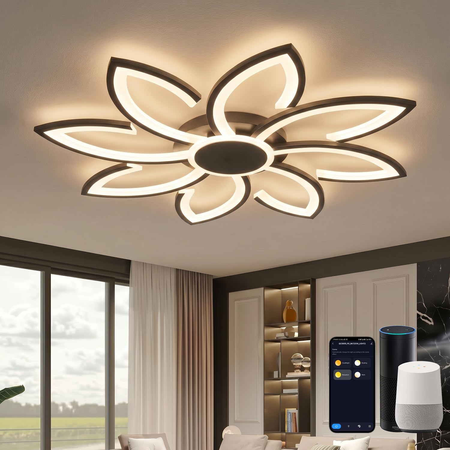 Smart LED Deckenleuchte Dimmbar 80cm, WiFi Deckenlampe Kompatibel mit Alexa/Google Home/Tuya, Modernes Blumen Design, 3000K-6500K CCT, App-Steuerung für Wohnzimmer Schlafzimmer, Schwarz