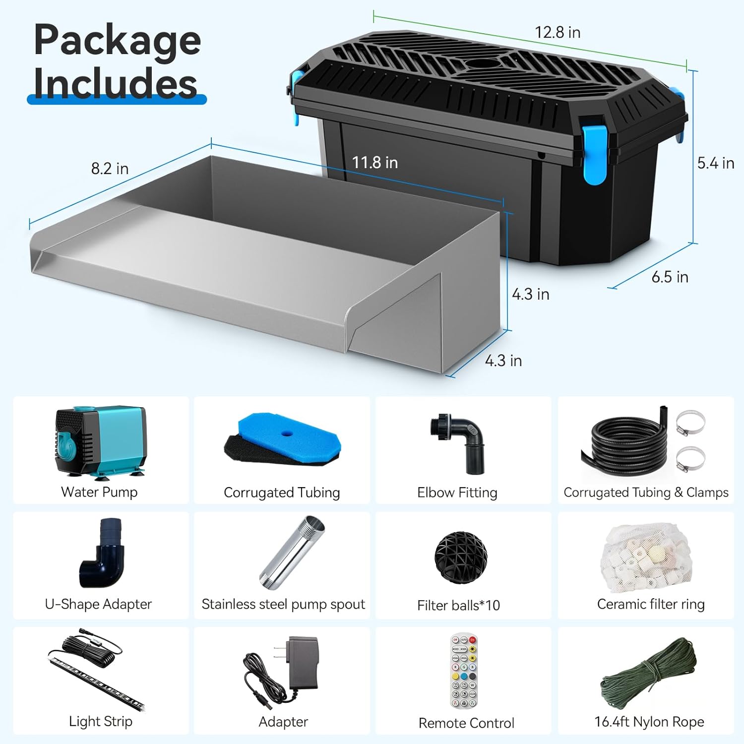 POPOSOAP 12INCH Pond Waterfall Spillway with Multi-Stage Pond Filter & RGB LED Lights APP/Remote Control, 40W 660GPH Pump with 9.8FT Tubing for Garden Ponds, Aquariums, Outdoor Landscapes-P7331D