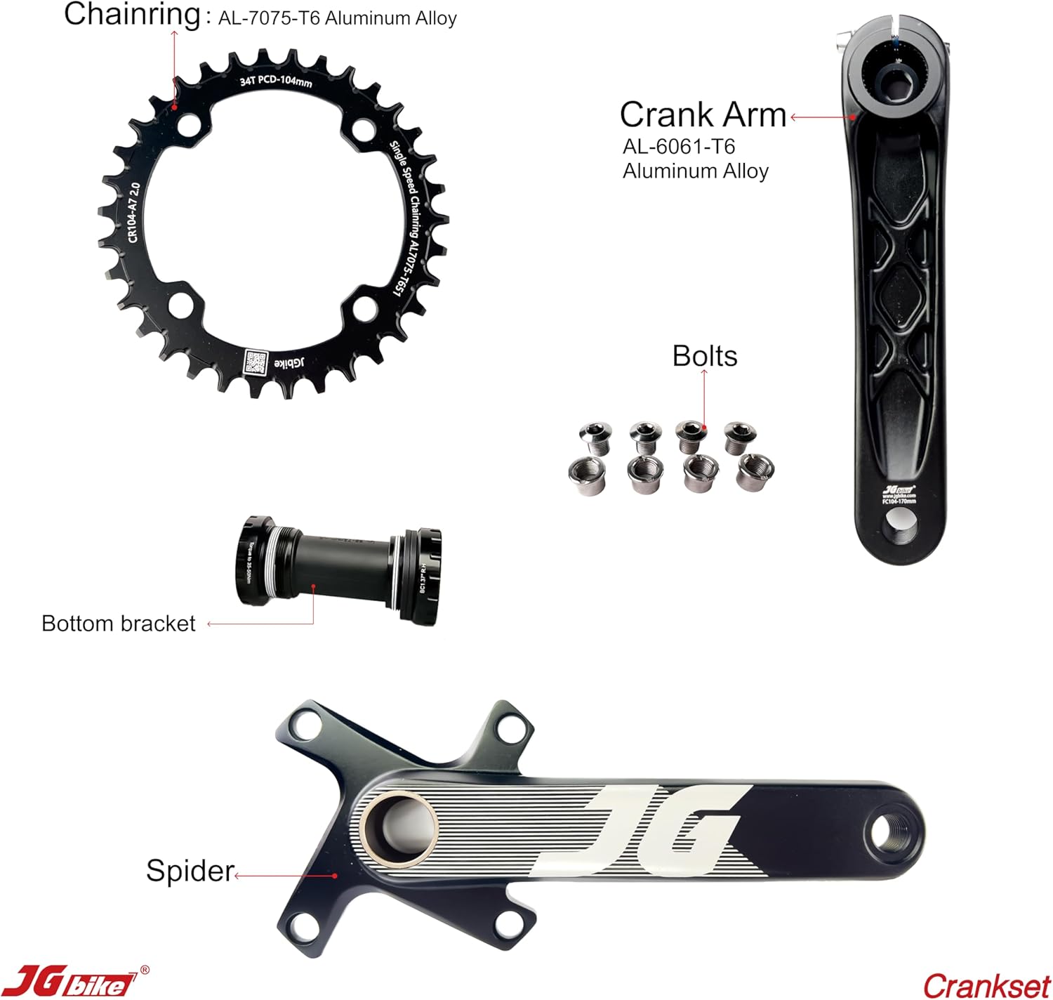 JGbike Mountain Bike Crankset Square Taper 68-73 BB 170mm 104 BCD with Chainring & Bolts for MTB BMX Road Bicyle,Compatible with Shimano,SRAM,FSA, Gaint