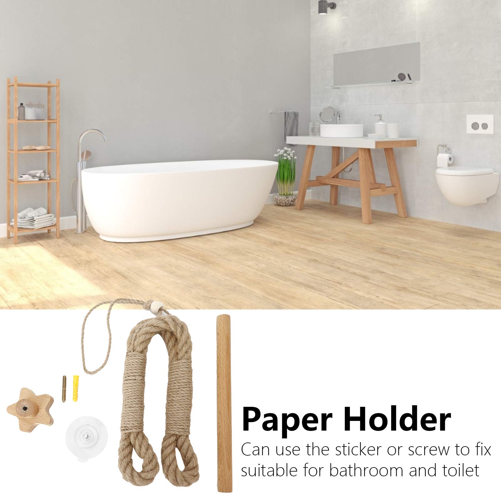 Toilet Roll Holder, Wall Mounted Hemp Rope Towel Paper Rack Wooden Stick Industrial Style Holder Adjusting Towel Holder Bathroom Organizer for Toilet Decor