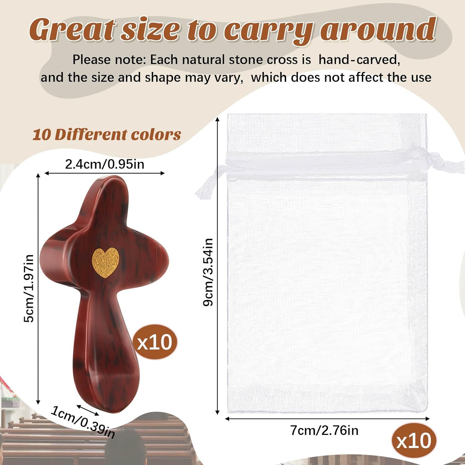 Bucherry 10 Sets Cross My Heart Fidget, Encouragement Gift Small Wooden Mini Handheld Pocket Worry Cross with Mesh Bag Fingertip Stress Relief Religious Gifts for Christians Prayer Church Gift