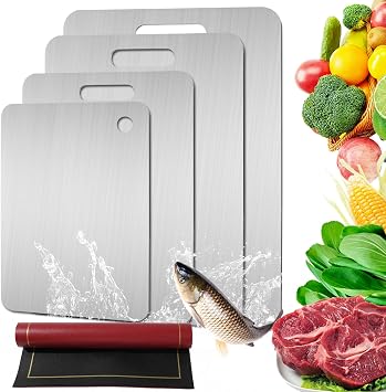 4 Pcs Stainless Steel Cutting Boards with Extra Anti-Slip Placemat | Metal Cutting Boards for Kitchen, Dishwasher Safe Chopping Board 17.9"11.8", 15.3"11", 13.4"9", 11.4"7.8"