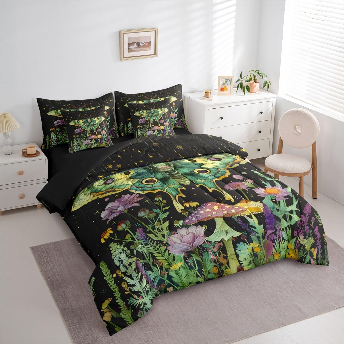 Erosebridal Daisy Stars Lavender 7 Piece Bedding Set Queen Moth Lotus Mushroom Comforter Set with Sheets Bohemian Starry Sky Bed in a Bag Green Theme Gothic
