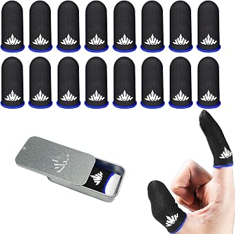 16 Pack Mobile Phone Gaming Thumb Sleeve,with Storage Box,JWH Finger Cots for PUBG Mobile Gaming Glove,Blue Edge,Anti-Skid,Extremely Thin,Dedales Gamer profesionales guantes para