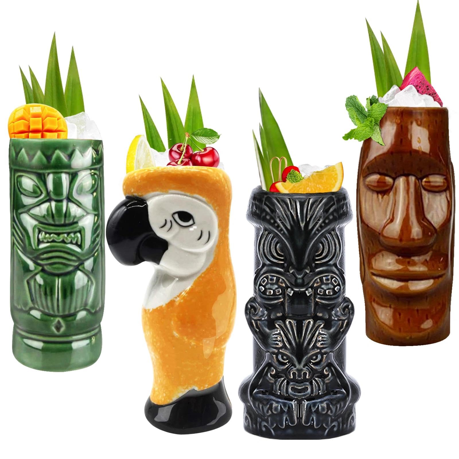Tiki Mugs Cocktail Set of 4 - Large Tumblers Ceramic Hawaiian Luau Party Mugs Drinkware, Cute Exotic Cocktail Glasses, Tiki Bar Professional Hawaiian Party Barware