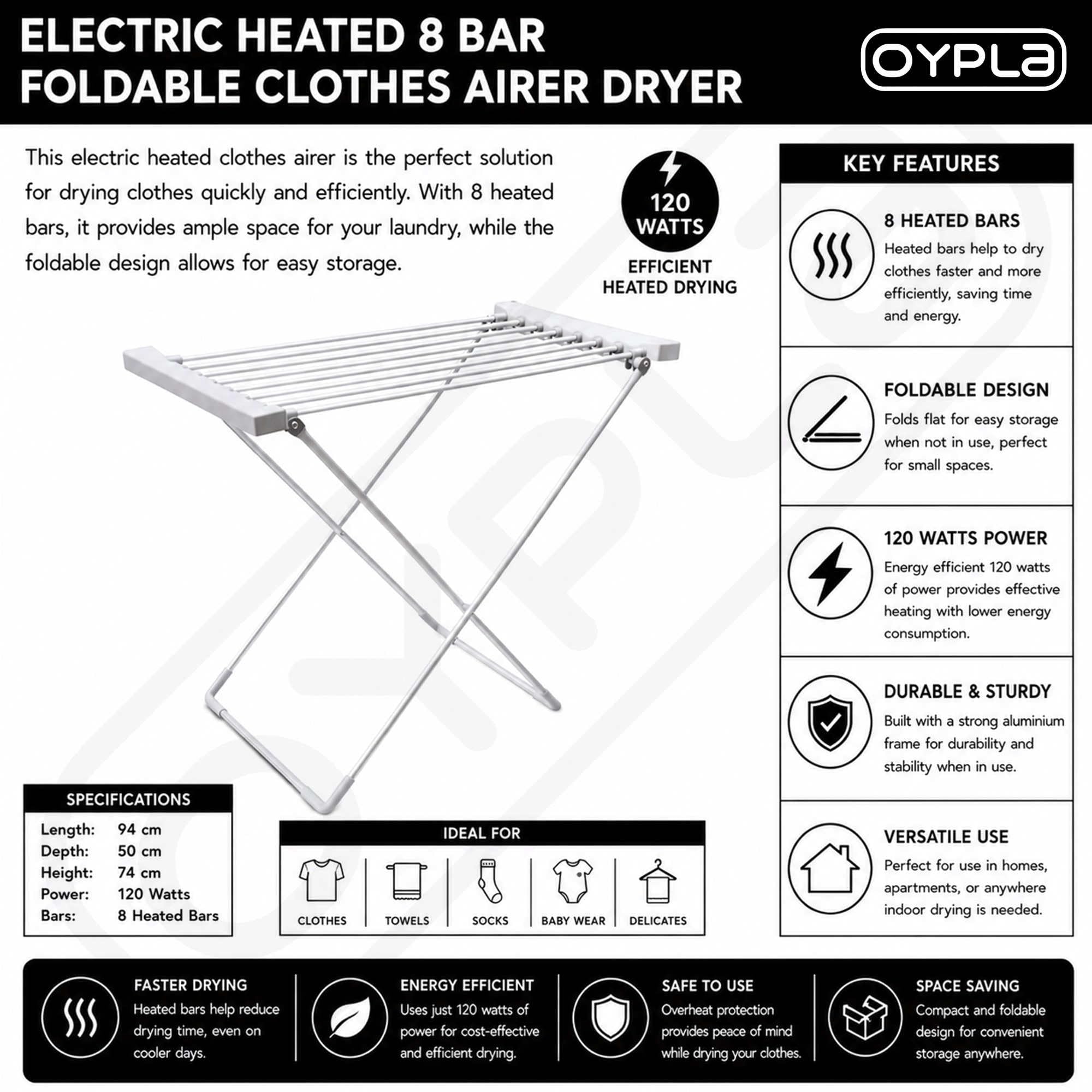 Oypla Tendedero eléctrico Plegable con calefacción para Caballos (8 Bares)