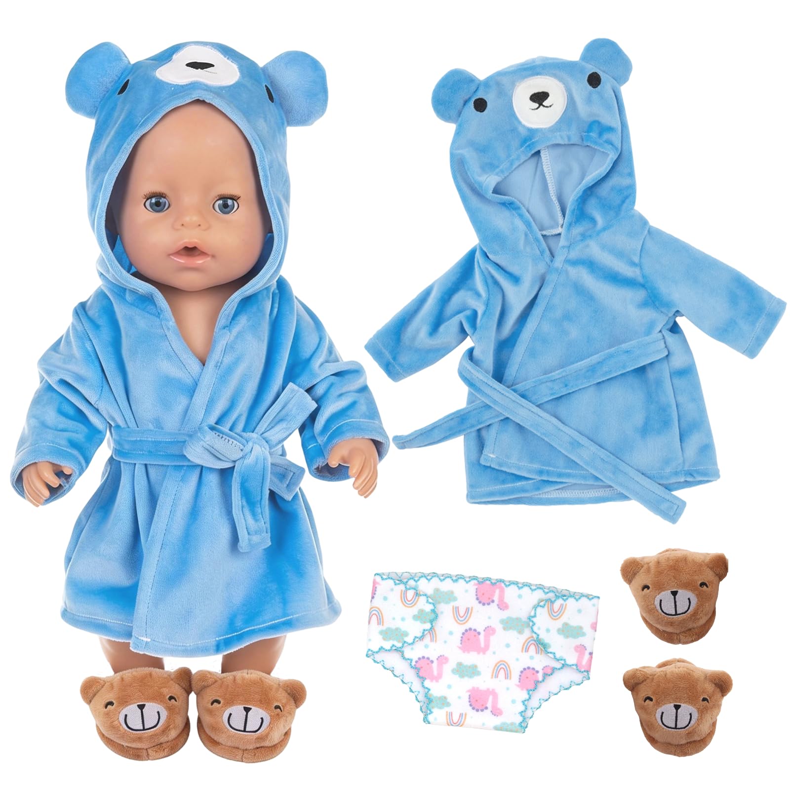3 Pcs Baby Doll Clothes 35-43 cm for 14-18Inch Doll, New Born Baby Outfits with 1 Blue Bear Bathrobe 1 Underwear 1 Slippers Cute Doll Accessories Gift for Kids