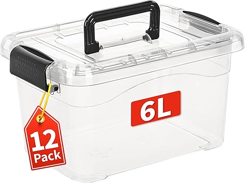 Cetomo Contenedores de almacenamiento de plástico de 12 cuartos x 12 unidades, caja de almacenamiento apilable con asa, transparente, paquete de 12