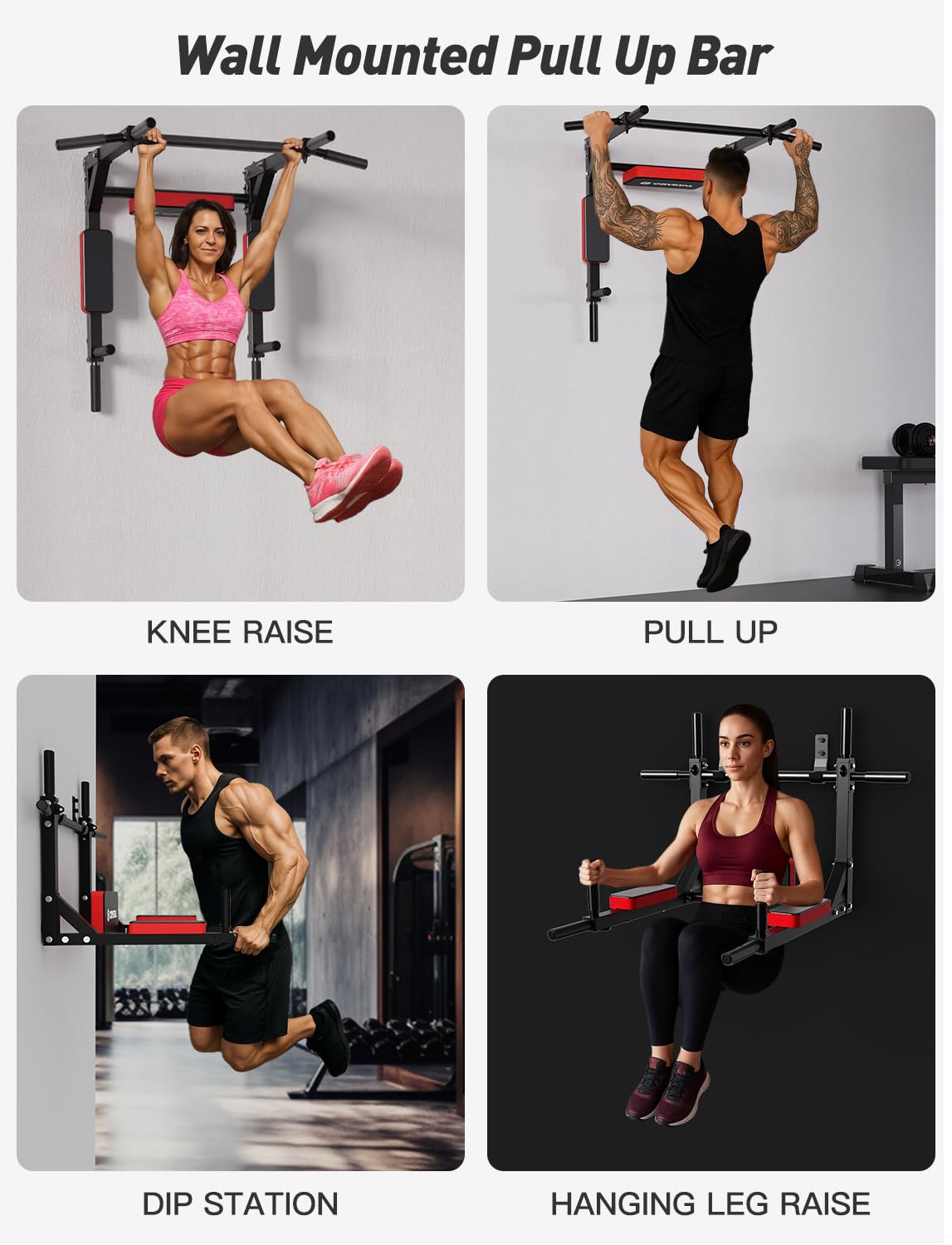 CRYSTAL FIT Multifunctional Wall Mounted Pull Up Bar, Chin Up Bar and Dip Station, Heavy Duty Steel Supports to 440 Lbs, Home Gym Workout Indoor Power Tower Set Training Equipment Fitness