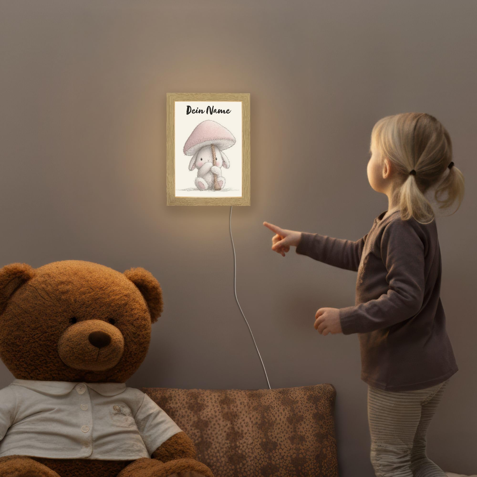 Nachtlicht Kinder Mit Name 15x20 cm Baby Lampe Kinderzimmer Kindernachtlicht Personalisiert Stilllicht Kinderlampe Pilz - Kaninchen - Rosa