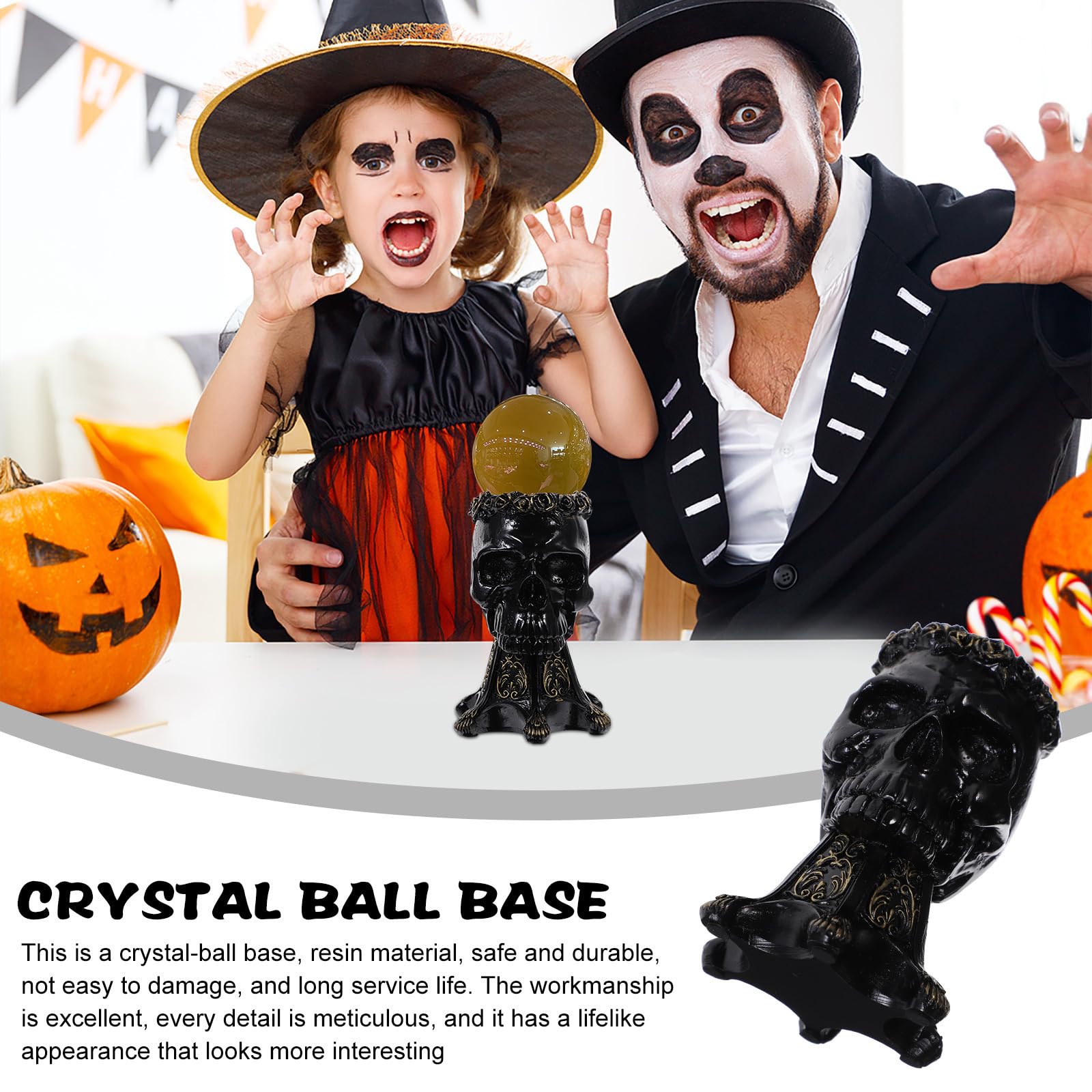 Escultura de Calavera de Resina Negra Base Soporte para Bola de Cristal, Decoración Única para Fiesta de Halloween y Hogar