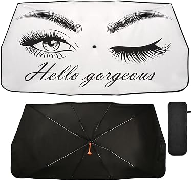 Hello Gorgeous Windshield Sun Shade Women Eye Lush Eyelashes Car Foldable Umbrella Sunshade Blocks UV Rays Heat Keep Vehicle Cool 58" x 29.7"