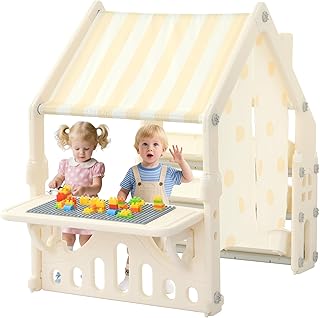 Kids Playhouse with Building Block Panel & Classified Storage Space, Children Outdoor Playset Cottage