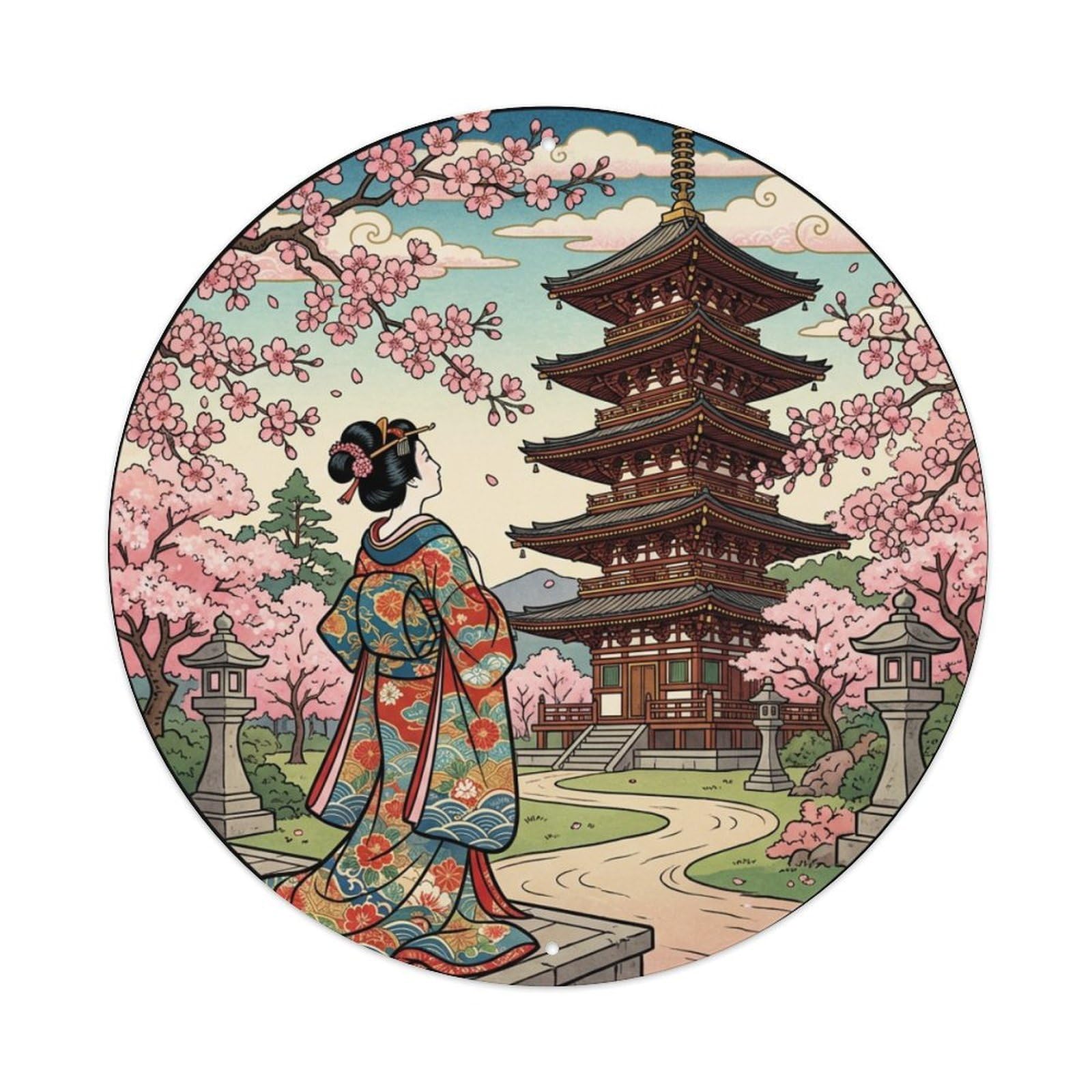 Cwbufd Vintage Style Japanese Geisha Pagoda Cherry Blossoms Admiring Vintage Metal Tin Sign Plaque Wall Decor For Cafe, Club Bar, Office, Garden Metal Poster 8X8inch