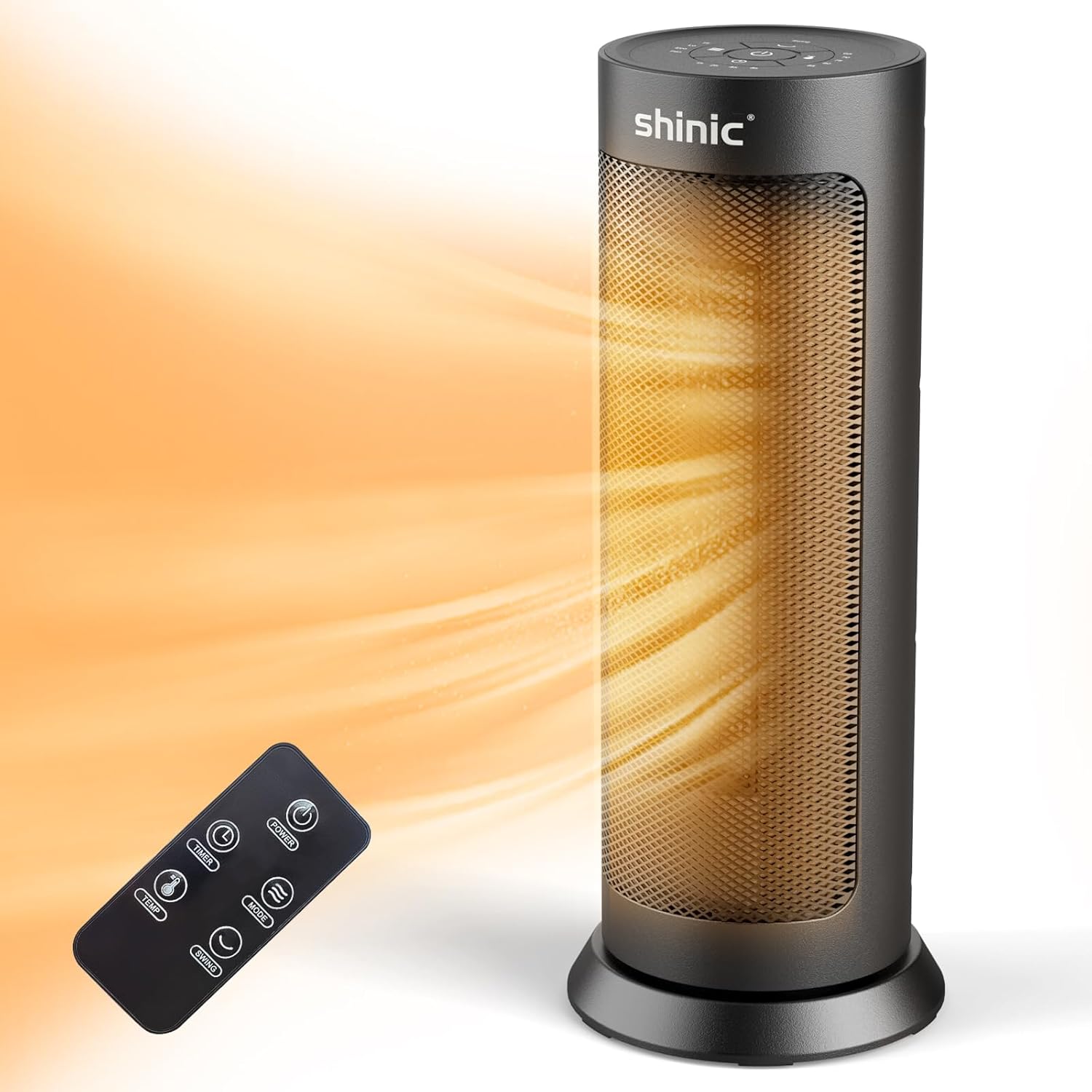 Shinic 18" Space Heater with Remote for Indoor Use, 1500W PTC Ceramic Electric Heater with Thermostat, 70° Oscillation, Fast Heating, 8H Timer, Safe and Quiet, Tower Heater for Bedroom Office Home